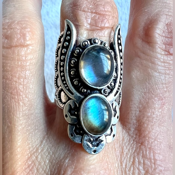 925 Flash Labradorite GODDESS ANGEL WING Ring 9 or 11 - Picture 1 of 13